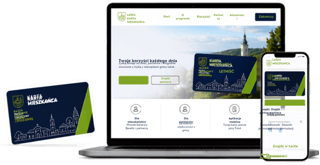 Portal promocyjny programu Karta Mieszkańca wyświetlony na laptopie, tablecie, telefonie i karcie fizycznej