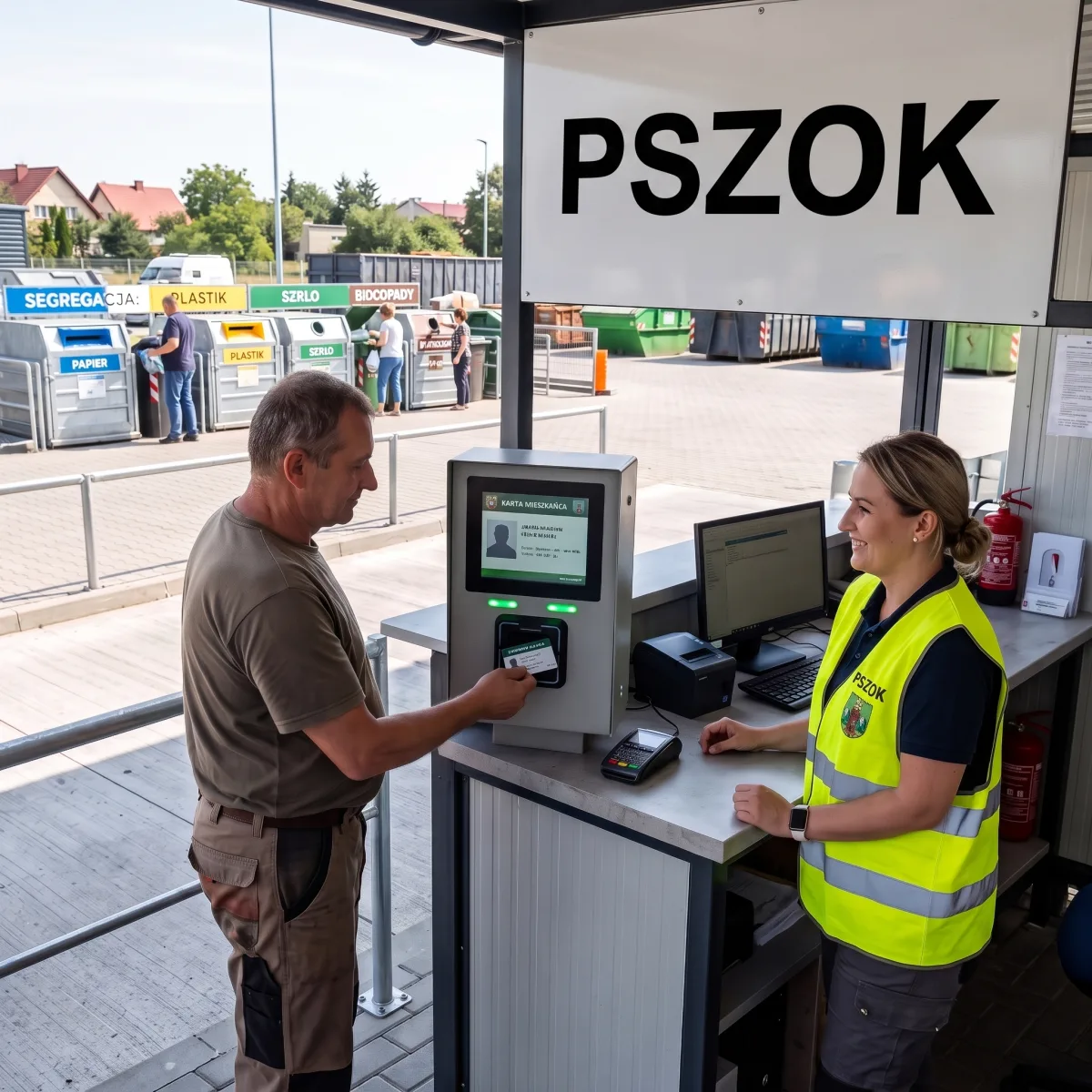 Mieszkaniec odbiera Kartę Mieszkańca w terminalu na punkcie PSZOK, obok pracownica w kamizelce odblaskowej